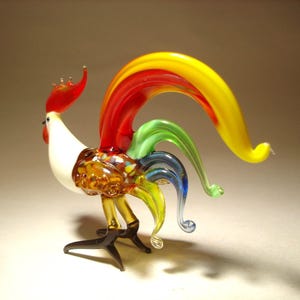 Glass Chicken Handmade Blown Figurine Art Bird Red and Yellow ROOSTER Figure with White Neck Wonderful Gift for Collectors or Home Decor