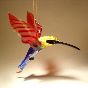 Handmade Blown Glass Art Figurine Hanging Dark Red and Blue Hummingbird Bird with Yellow Head Ornament Great Gift and Collectable