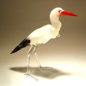 Blown Glass Egret Stork Figurine - Handmade Art White & Black Bird