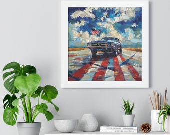 Framed Horizontal Poster - Celebrate American Muscle: Ford Mustang Poster with Flag - Perfect Gift!