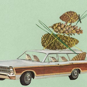 Cone collecting in their Country Squire. Limited edition print by Vivienne Strauss.