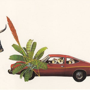 A bevy of larks in a Matador taunts a bull with a flaming sword plant.  Original collage by Vivienne Strauss.