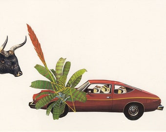 A bevy of larks in a Matador taunts a bull with a flaming sword plant.  Original collage by Vivienne Strauss.