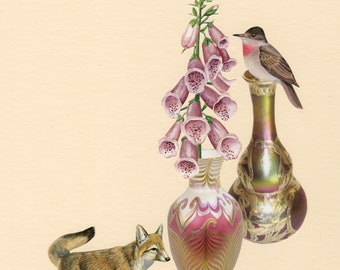 Flashy flycatcher with foxgloves. original collage by Vivienne Strauss.