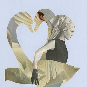 May include: A woman wearing a white headscarf and a black sleeveless dress stands in front of a pair of swans forming a heart shape.