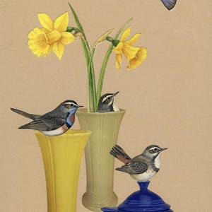 Stillleben mit Blaukehlchen. Original collage von Vivienne Strauss.