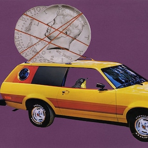 May include: A yellow station wagon with a silver dollar on the roof. The dollar is held in place with rubber bands. A small bird is sitting in the driver's seat.