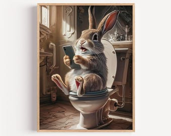 Humorous Bunny Bathroom Wall Art, Cute Rabbit on Toilet Canvas Print, Quirky Animal Restroom Poster, Funny Washroom Decor