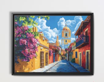 Streets in Cartagena, Colombia, Ready To Hang Canvas Print, Colombian Wall Art, Cityscape Poster Wall Decor