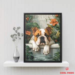 Cute English Bulldog Tropical Bathroom Art Print - Dog in Boho Bathtub - Botanical Pet Portrait - Wall Decor for Bathrooms - Jungle Design