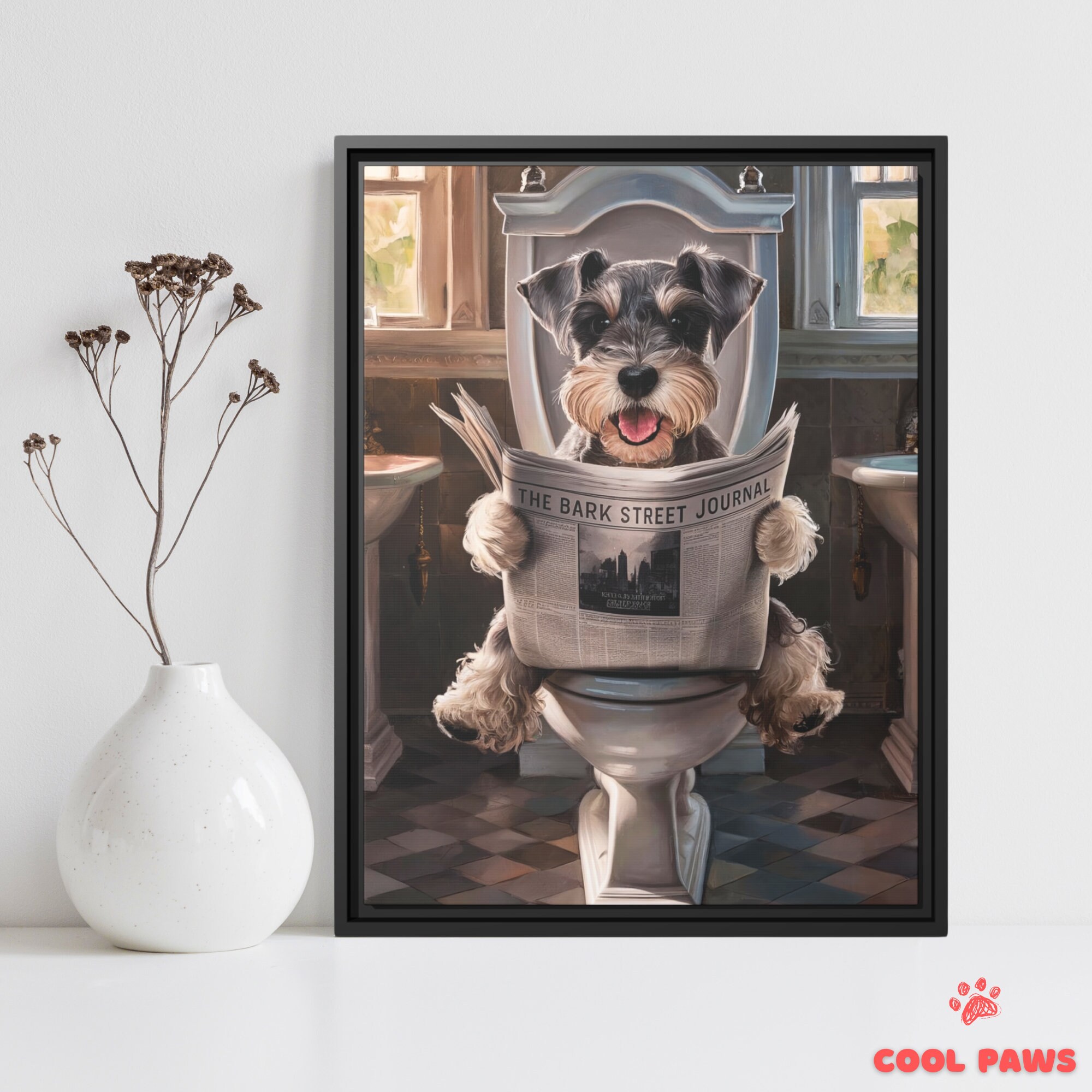 Cute Miniature Schnauzer Bathroom Art Print - Dog on Toilet Reading ...