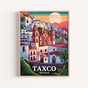May include: A framed art print featuring a stylized illustration of Taxco, Mexico. The artwork depicts white buildings, a church with red accents, and a sunset. The text "TAXCO MEXICO" is at the bottom.