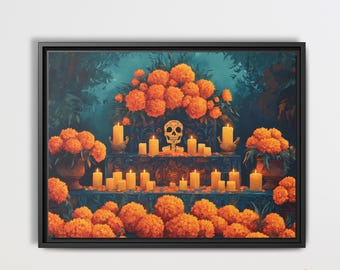 Mexican Day of the Dead Altar with Marigolds and Candles Art Print - Dia de Muertos Mexican Folk Art Wall Decor - Ready to Hang