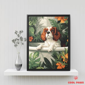 Cute Cavalier King Charles Spaniel Tropical Bathroom Art Print - Dog in Boho Bathtub - Botanical Pet Portrait - Wall Decor for Bathrooms