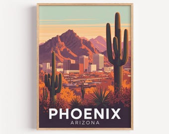 Phoenix Arizona Travel Art Print, Camelback Mountain Canvas Painting, Vintage Desert Wall Decor, Living Room Poster Art, New Home Gift