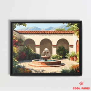 Mexican Hacienda with a Courtyard and Fountain Art Print - Mexican Folk Art Wall Decor - Ready to Hang Home Decor