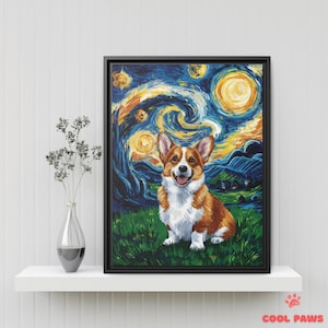 Einzigartiger Corgis Sternennacht Kunstdruck - Van Gogh inspirierte Haustier Porträt Wanddekoration für Haus - Wunderliche Haustier Wandkunst