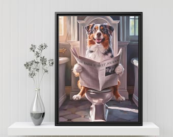 Cute Australian Shepherd Bathroom Art Print - Dog on Toilet Reading Newspaper - Funny Pet Portrait - Wall Decor for Bathrooms