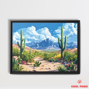 Mexikanische Wüstenlandschaft mit Kakteen und einer Bergkette Kunstdruck - Mexikanische Volkskunst-Wanddekoration - fertig zum Aufhängen