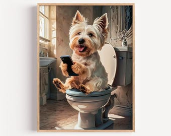 Amusing Westie Dog Using Toilet Wall Art, Cute Terrier Pet Portrait Print, Playful Animal Bathroom Decor for Powder Room Space