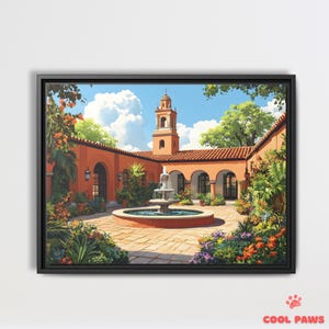 Mexican Hacienda with a Courtyard and Fountain Art Print - Mexican Folk Art Wall Decor - Ready to Hang Home Decor