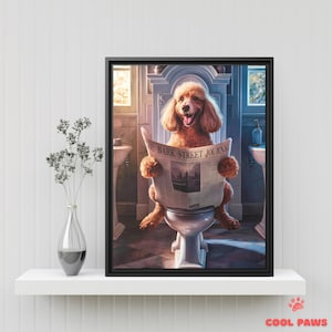 Cute Poodle Bathroom Art Print - Dog on Toilet Reading Newspaper - Funny Pet Portrait - Wall Decor for Bathrooms