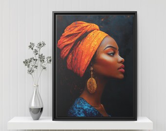 African Woman with Bold Orang Art Print - African Folk Art Wall Decor - Ready to Hang Home Decor