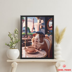 Whimsical Guinea Pig in Paris Art Print - Eiffel Tower Cafe Animal - Funny Pet Portrait in Paris France - Wall Decor