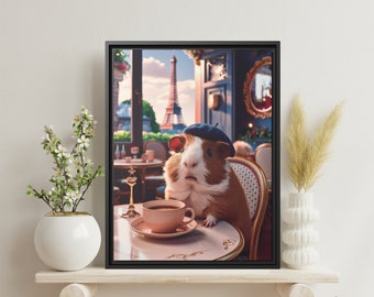 Grillige cavia in Parijs Art Print - Eiffeltoren Cafe Animal - grappig huisdierportret in Parijs, Frankrijk - muurdecoratie