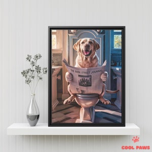 Stampa artistica da bagno con simpatico Labrador Retriever - Cane sul water che legge il giornale - Ritratto divertente di un animale domestico - Decorazione murale per bagni