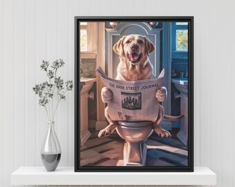 Cute Labrador Retriever Bathroom Art Print - Dog on Toilet Reading Newspaper - Funny Pet Portrait - Wall Decor for Bathrooms