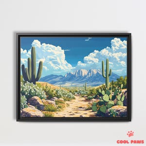 Mexikanische Wüstenlandschaft mit Kakteen und einer Bergkette Kunstdruck - Mexikanische Volkskunst-Wanddekoration - fertig zum Aufhängen