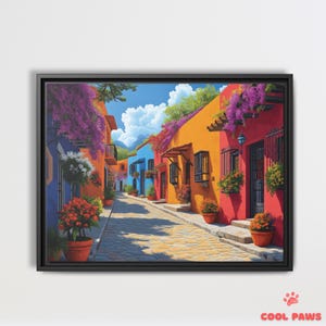 Colorful Street in Mexico Art Print - Mexican Folk Art Wall Decor - Ready to Hang Home Decor