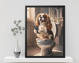 Cute Cavalier King Charles Spaniel Bathroom Art Print - Dog on Toilet with Smartphone - Funny Pet Portrait - Wall Decor for Bathrooms