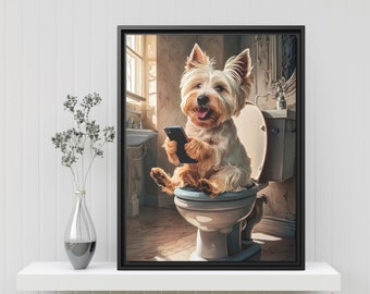 Cute West Highland White Terrier Westie Bathroom Art Print - Dog on Toilet with Smartphone - Funny Pet Portrait - Wall Decor for Bathrooms