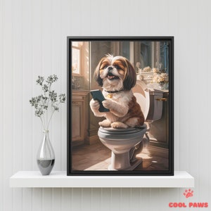 Cute Shih Tzu Bathroom Art Print - Dog on Toilet with Smartphone - Funny Pet Portrait - Wall Decor for Bathrooms