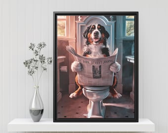 Cute Bernese Mountain Dog Bathroom Art Print - Dog on Toilet Reading Newspaper - Funny Pet Portrait - Wall Decor for Bathrooms