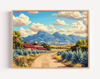 Rustic Agave Field Landscape Canvas Print, Scenic Mexican Dirt Road Wall Art, Tranquil Countryside Mountain Nature Poster Decor