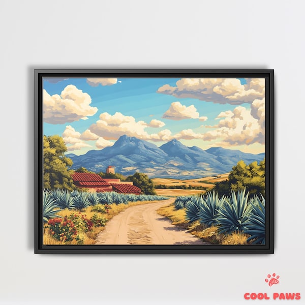 Mexican Landscape with Agave Fields and Mountains Art Print - Tequila Mexican Folk Art Wall Decor - Ready to Hang Home Decor