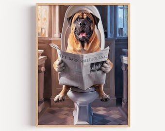 English Mastiff Sitting on Toilet Reading Paper Canvas Art, Amusing Dog Bathroom Decor, Large Breed Pet Portrait Print, Guest Bath Signage