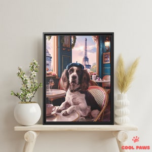 Whimsical English Springer in Paris Art Print - Eiffel Tower Cafe Dog - Funny Pet Portrait in Paris France - Wall Decor