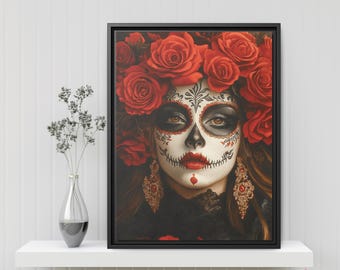 Day of the Dead Catrina with Red Roses Art Print - Dia de Muertos Mexican Folk Art Wall Decor - Ready to Hang Gothic Decor