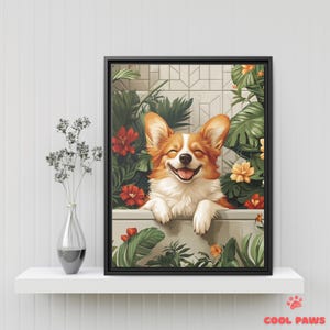 Cute Corgi Tropical Bathroom Art Print - Dog in Boho Bathtub - Botanical Pet Portrait - Wall Decor for Bathrooms - Jungle Design