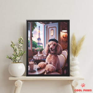 Pudel in Paris Kunstdruck - Eiffelturm Cafe Hund - Lustiges Haustier Porträt in Paris Frankreich