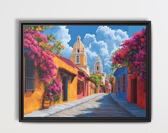 Streets in Cartagena, Colombia, Ready To Hang Canvas Print, Colombian Wall Art, Cityscape Poster Wall Decor