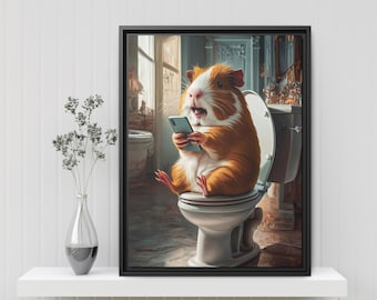Schattig cavia badkamerkunstprint - dier op toilet met smartphone - grappig huisdierportret - wanddecoratie voor badkamers