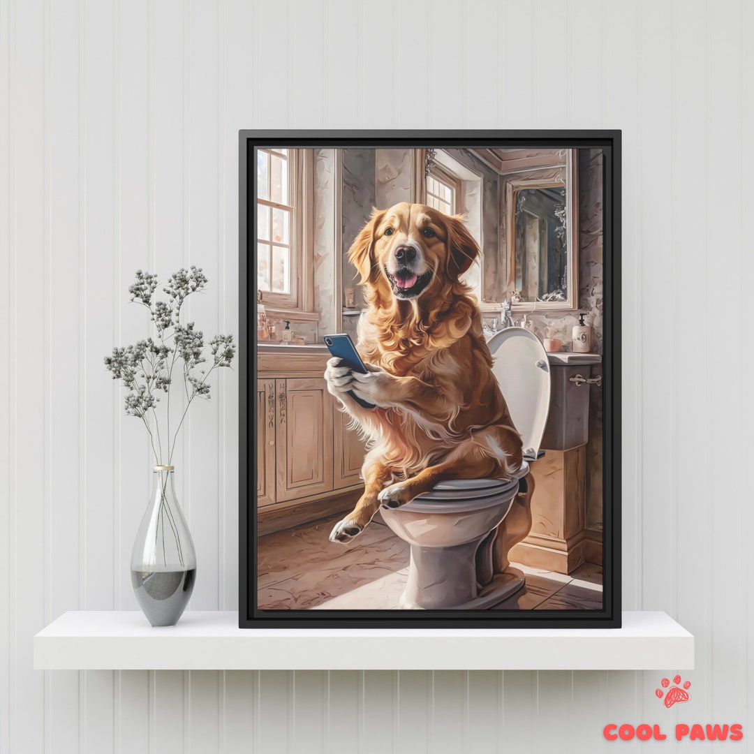 Cute Golden Retriever Bathroom Art Print Dog on Toilet With