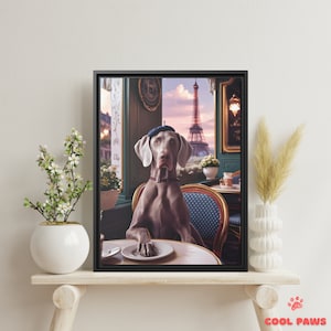 Whimsical Weimaraner in Paris Art Print - Eiffel Tower Cafe Dog - Funny Pet Portrait in Paris France - Wall Decor