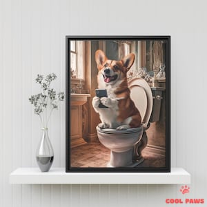 Cute Corgi Bathroom Art Print - Dog on Toilet with Smartphone - Funny Pet Portrait - Wall Decor for Bathrooms