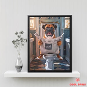 Cute Boxer Bathroom Art Print - Dog on Toilet Reading Newspaper - Funny Pet Portrait - Wall Decor for Bathrooms